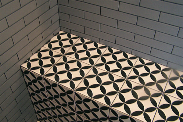 shower bench with graphic tiles